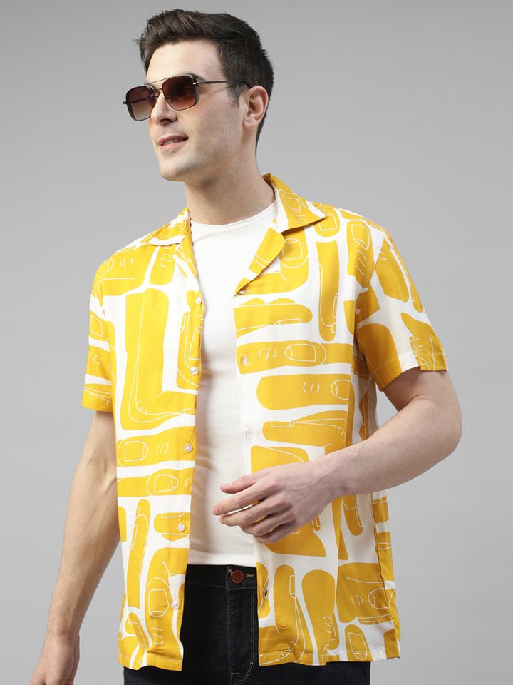 Men Mustard & White Abstract Printed Fluid Viscose Relaxed Fit Casual Resort Shirt