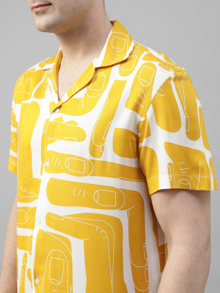 Men Mustard & White Abstract Printed Fluid Viscose Relaxed Fit Casual Resort Shirt