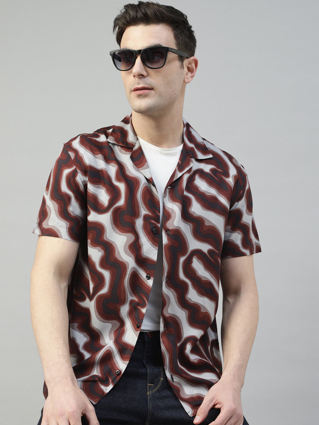 Men Grey & Maroon Abstract Printed Fluid Viscose Relaxed Fit Casual Resort Shirt