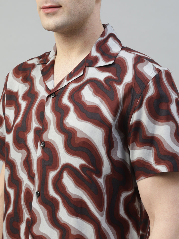 Men Grey & Maroon Abstract Printed Fluid Viscose Relaxed Fit Casual Resort Shirt