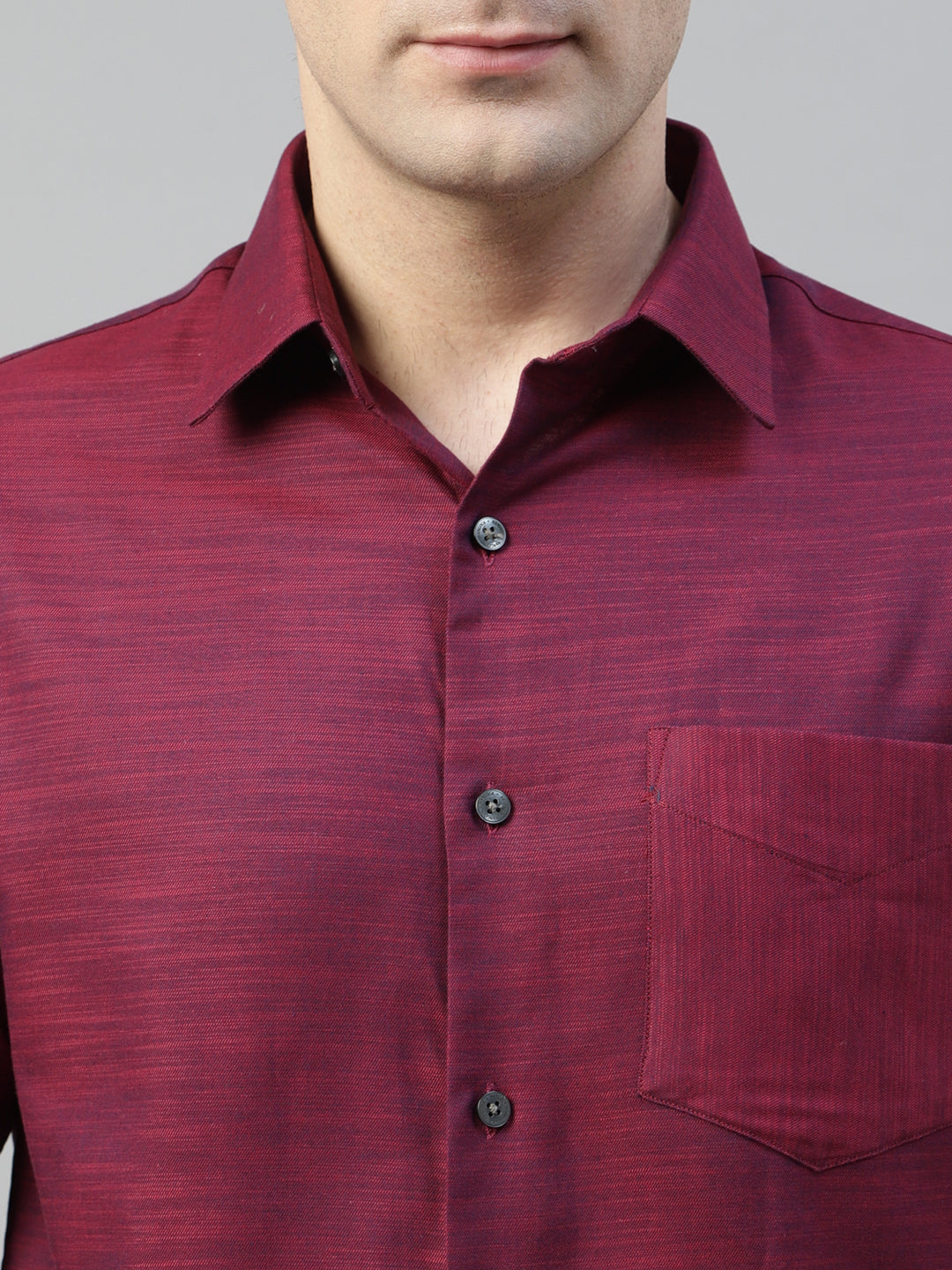 Men Maroon Self Design Chambray Pure Cotton Slim Fit Formal Shirt