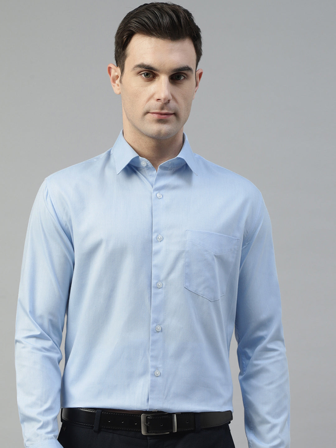 Men Sky Blue Self Design Wrinkle Resistant Pure Cotton Slim Fit Formal Shirt