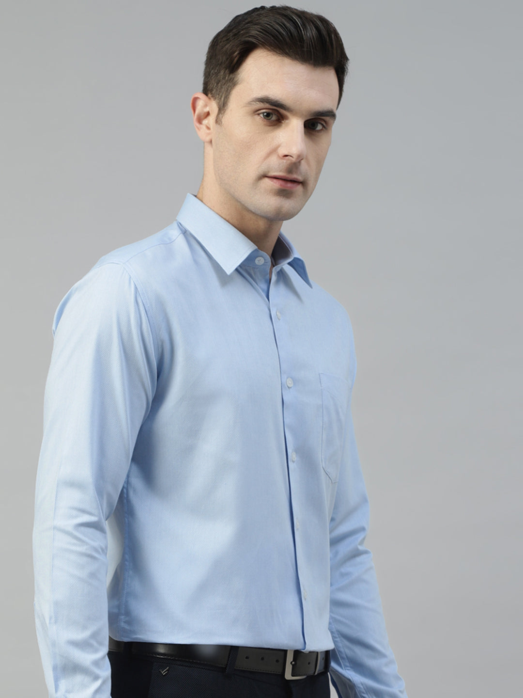 Men Sky Blue Self Design Wrinkle Resistant Pure Cotton Slim Fit Formal Shirt