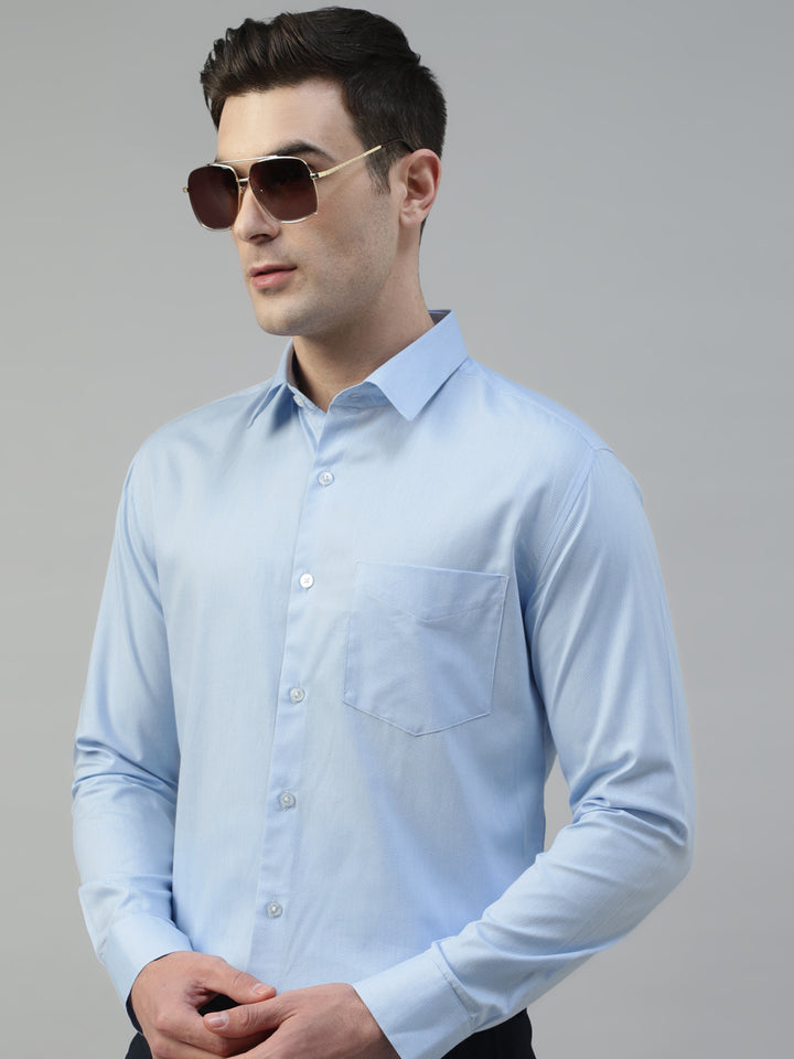 Men Sky Blue Self Design Wrinkle Resistant Pure Cotton Slim Fit Formal Shirt
