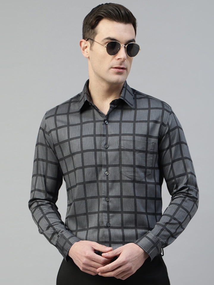 Men Grey Macro Checked Pure Cotton Slim Fit Formal Shirt