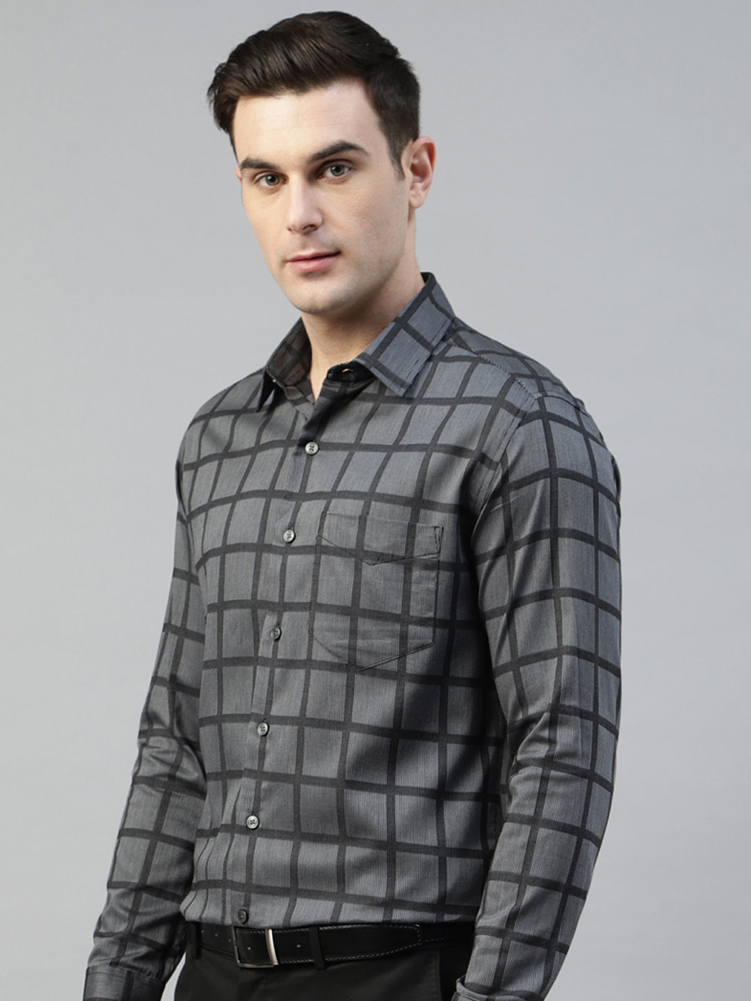 Men Grey Macro Checked Pure Cotton Slim Fit Formal Shirt