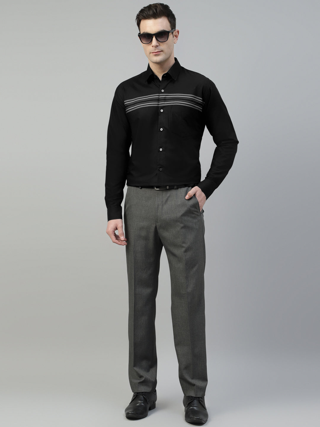 Men Black Horizontal Striped Pure Cotton Slim Fit Formal Shirt