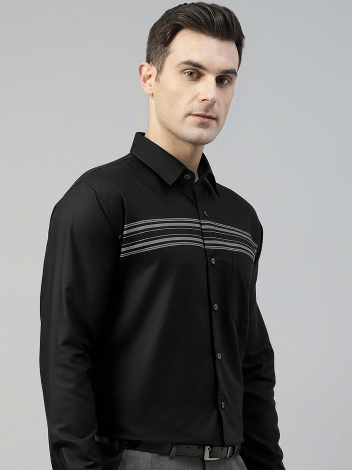 Men Black Horizontal Striped Pure Cotton Slim Fit Formal Shirt