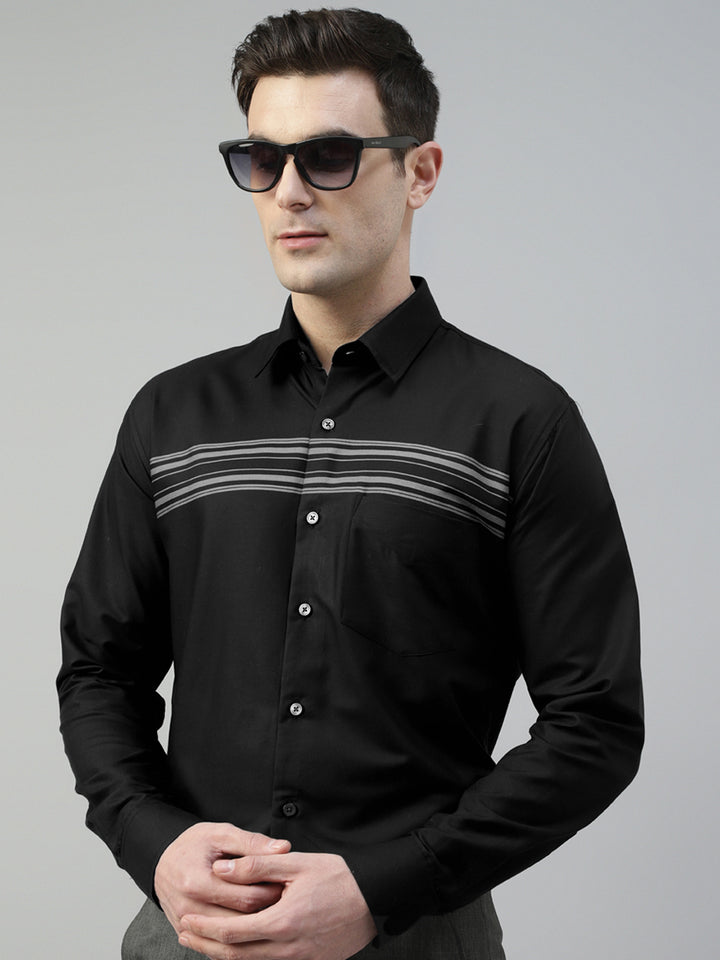 Men Black Horizontal Striped Pure Cotton Slim Fit Formal Shirt