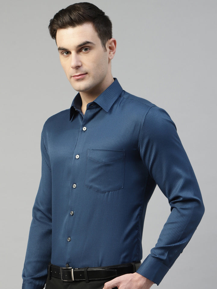 Men Navy Blue Pin Striped Pure Cotton Slim Fit Formal Shirt