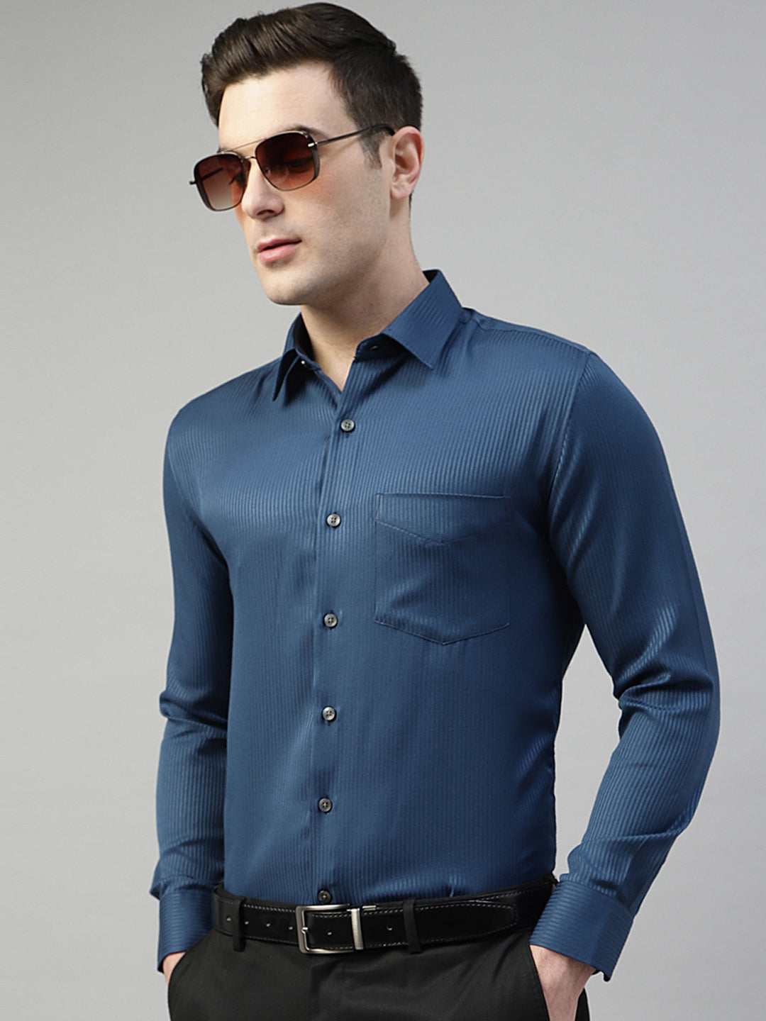 Men Navy Blue Pin Striped Pure Cotton Slim Fit Formal Shirt