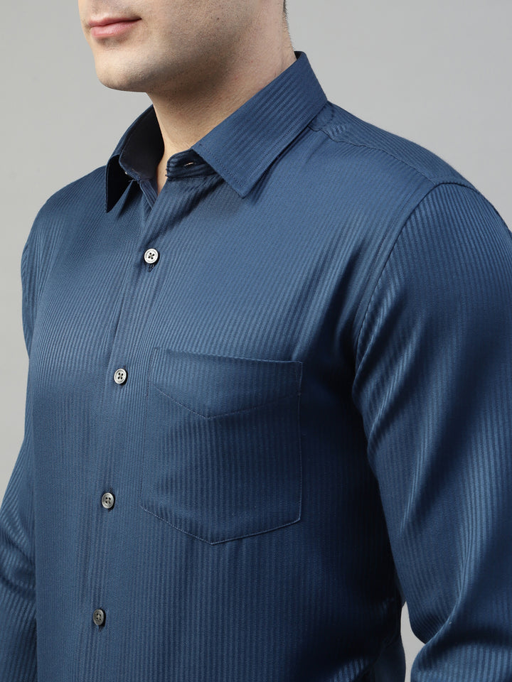 Men Navy Blue Pin Striped Pure Cotton Slim Fit Formal Shirt