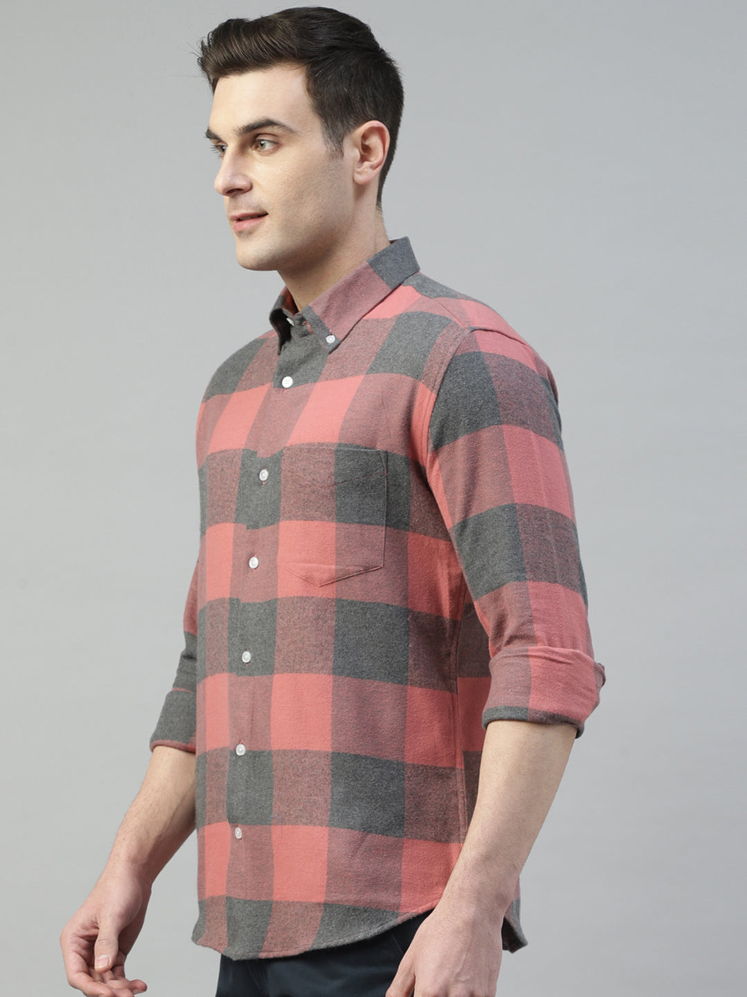 Men Coral & Grey Flannel Tartan Checked Pure Cotton Slim Fit Casual Shirt