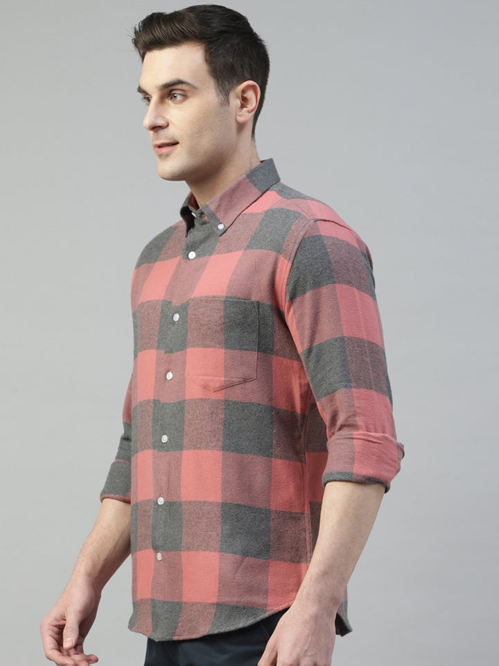 Men Coral & Grey Flannel Tartan Checked Pure Cotton Slim Fit Casual Shirt