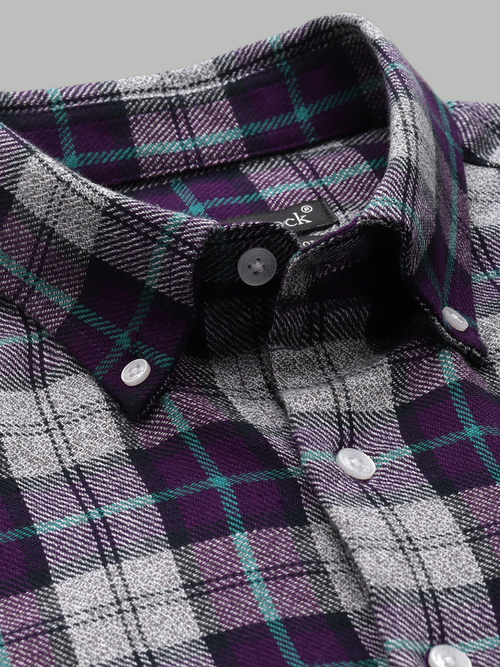 Men Purple & Grey Flannel Tartan Checked Pure Cotton Slim Fit Casual Shirt