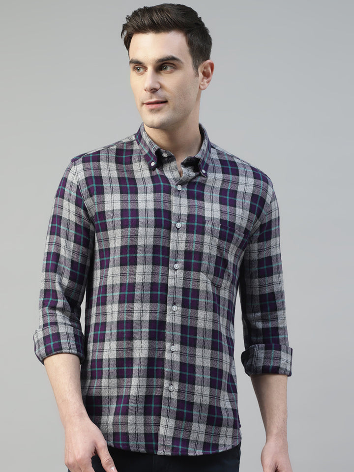 Men Purple & Grey Flannel Tartan Checked Pure Cotton Slim Fit Casual Shirt