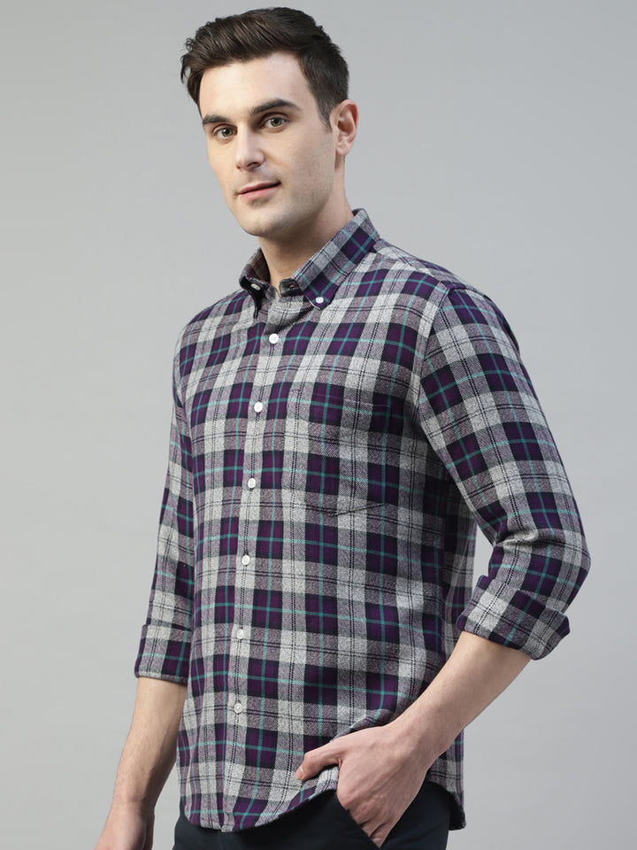 Men Purple & Grey Flannel Tartan Checked Pure Cotton Slim Fit Casual Shirt