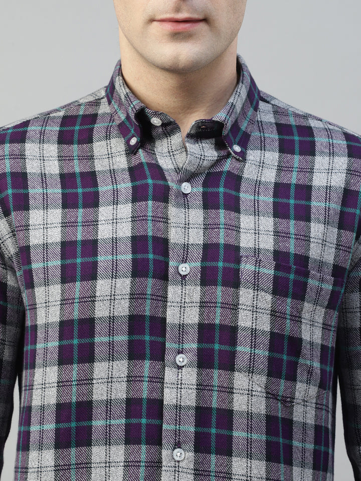 Men Purple & Grey Flannel Tartan Checked Pure Cotton Slim Fit Casual Shirt