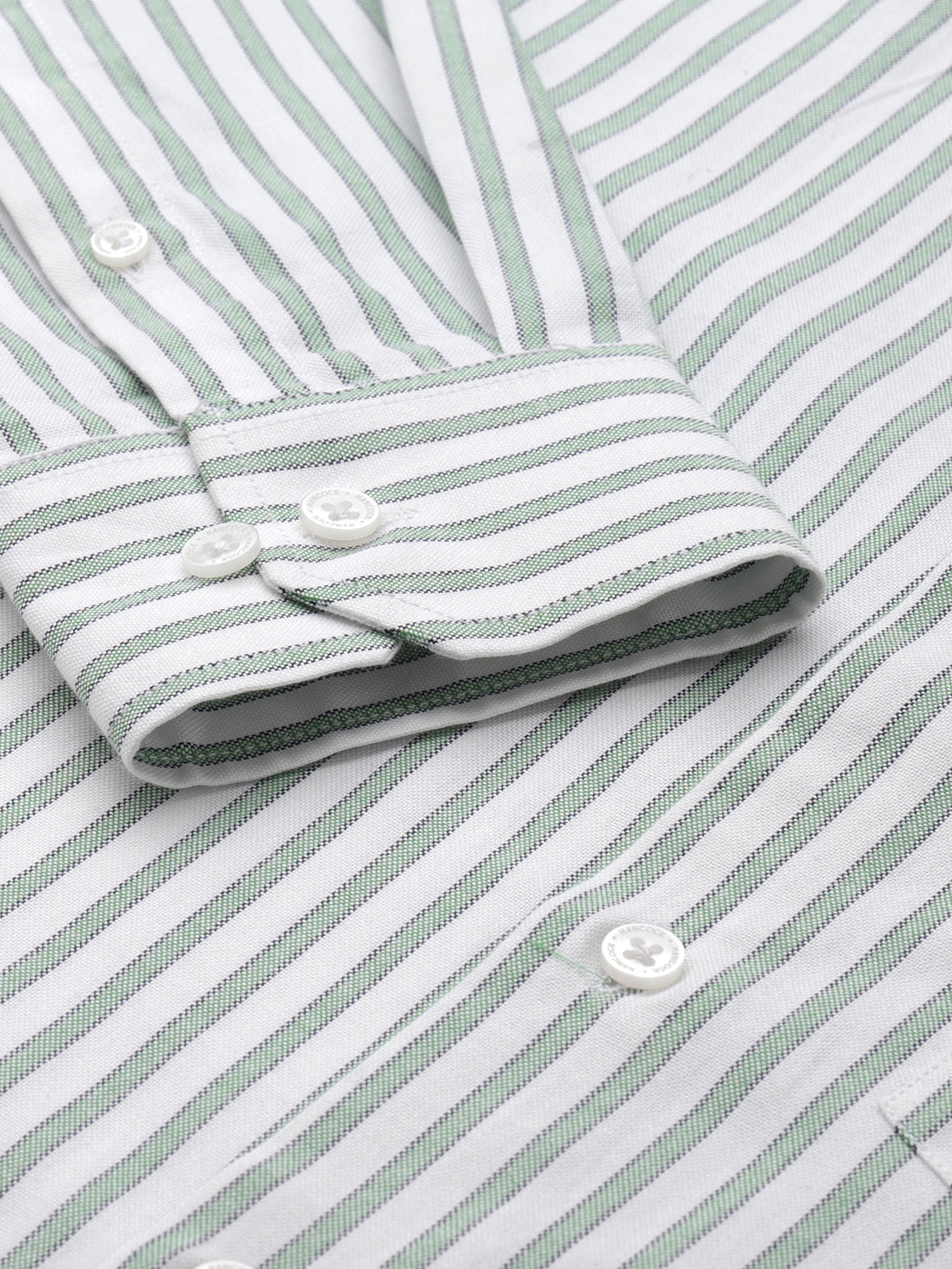 Men White & Green Wrinkle Resistant Oxford Striped Pure Cotton Slim Fit Formal Shirt