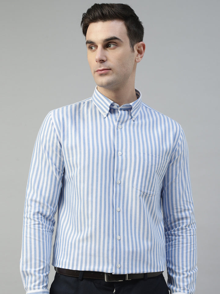 Men White & Blue Wrinkle Resistant Oxford Striped Pure Cotton Slim Fit Formal Shirt