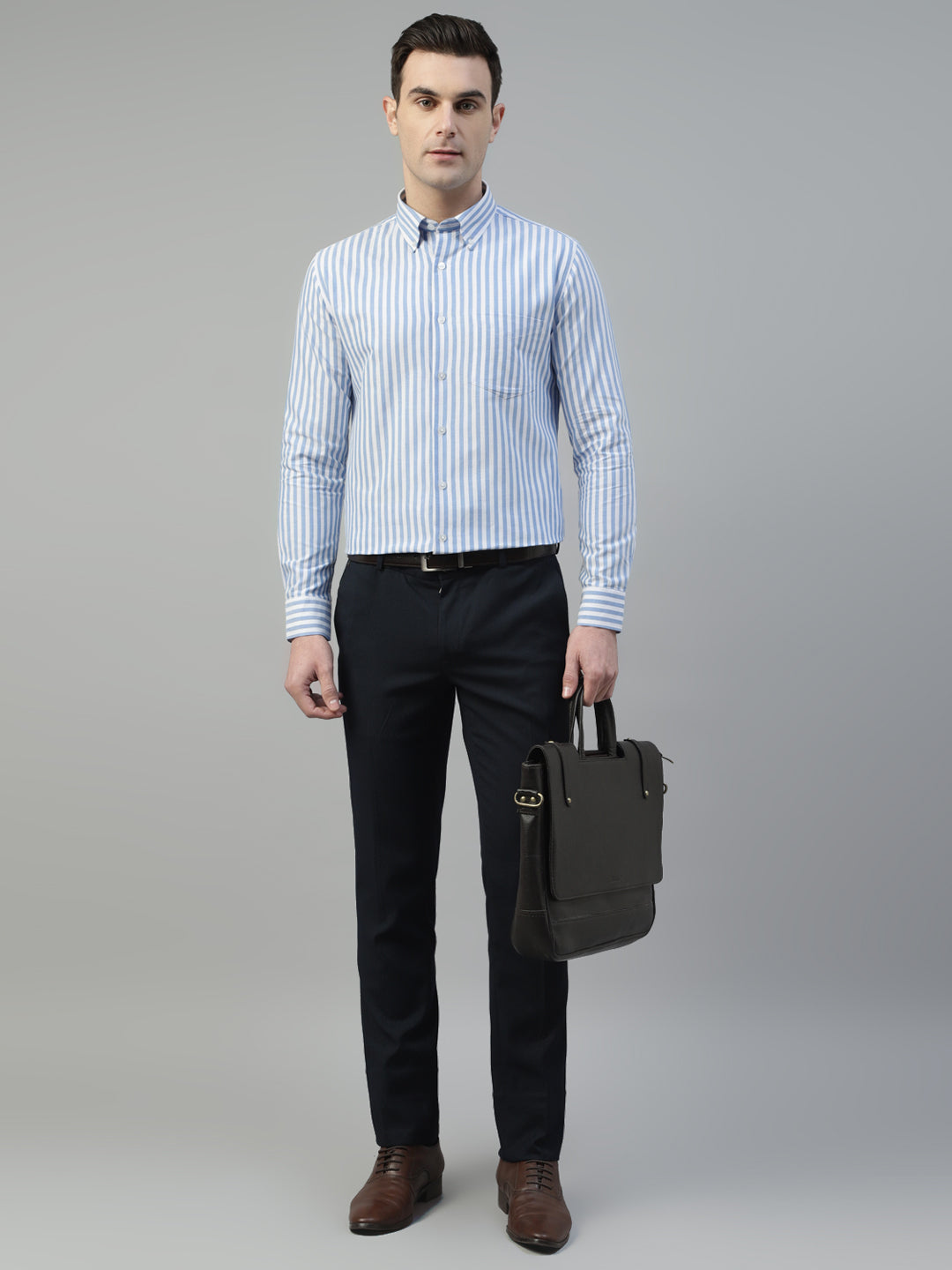 Men White & Blue Wrinkle Resistant Oxford Striped Pure Cotton Slim Fit Formal Shirt