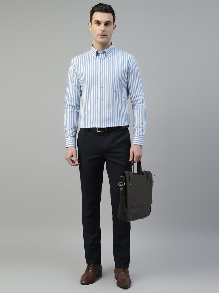 Men White & Blue Wrinkle Resistant Oxford Striped Pure Cotton Slim Fit Formal Shirt