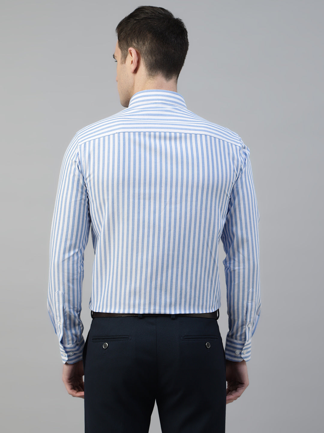 Men White & Blue Wrinkle Resistant Oxford Striped Pure Cotton Slim Fit Formal Shirt