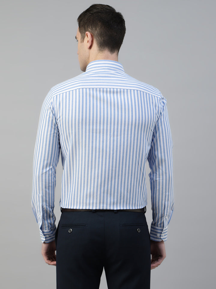 Men White & Blue Wrinkle Resistant Oxford Striped Pure Cotton Slim Fit Formal Shirt