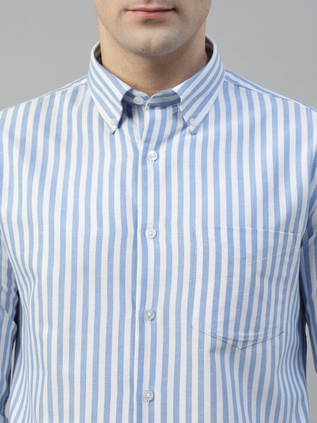 Men White & Blue Wrinkle Resistant Oxford Striped Pure Cotton Slim Fit Formal Shirt