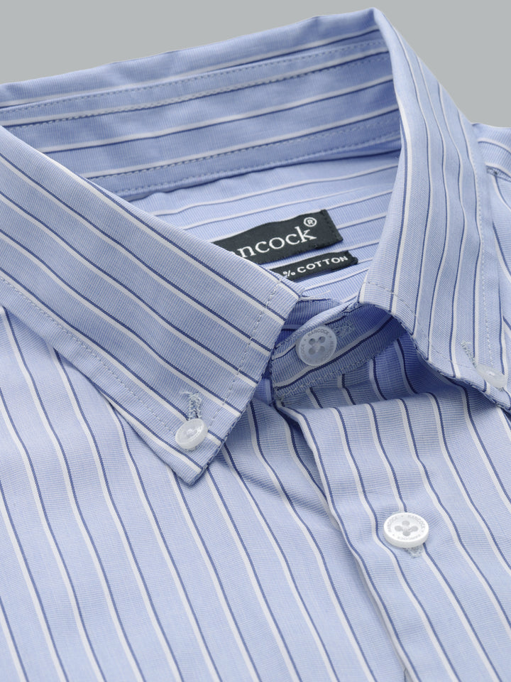 Men Blue & White Wrinkle Resistant Chambray Striped Pure Cotton Slim Fit Formal Shirt