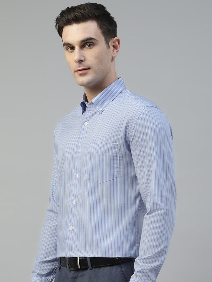 Men Blue & White Wrinkle Resistant Chambray Striped Pure Cotton Slim Fit Formal Shirt