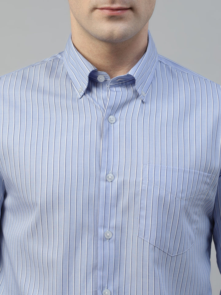 Men Blue & White Wrinkle Resistant Chambray Striped Pure Cotton Slim Fit Formal Shirt