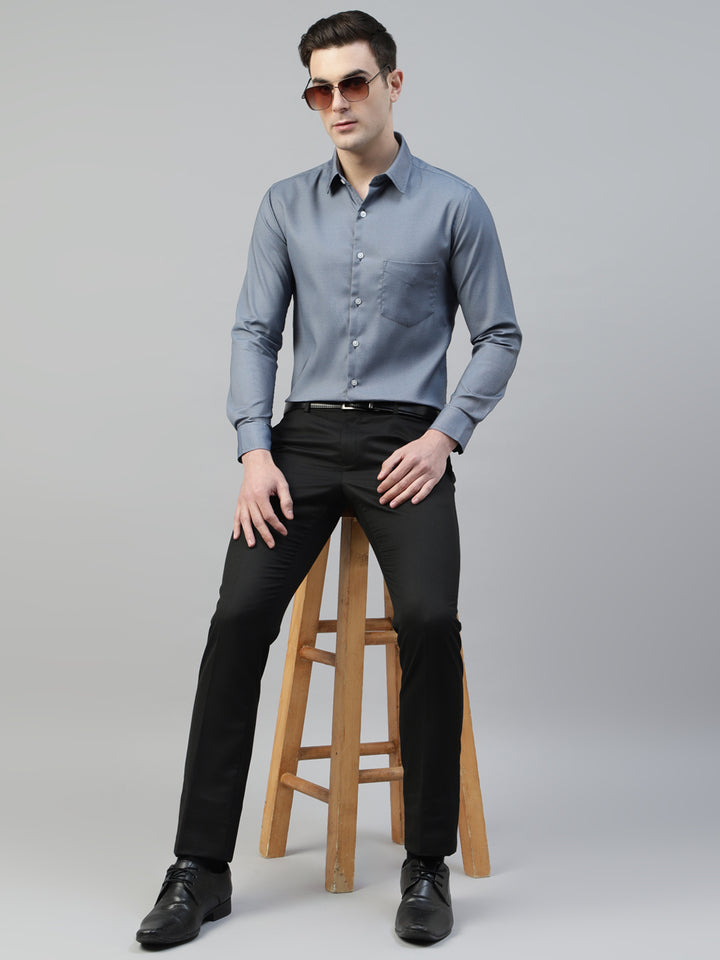 Men Navy Self Design Wrinkle Resistant Pure Cotton Slim Fit Formal Shirt