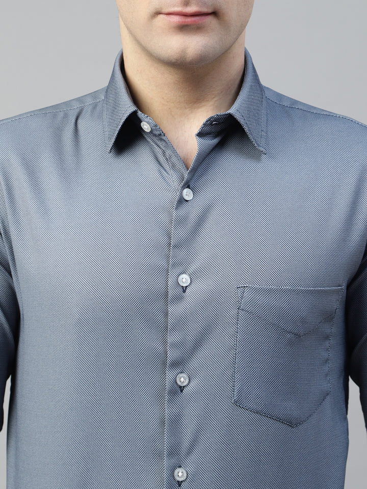 Men Navy Self Design Wrinkle Resistant Pure Cotton Slim Fit Formal Shirt