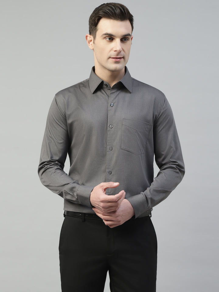 Men Grey Self Design Pure Cotton Wrinkle Resistant Slim Fit Formal Shirt