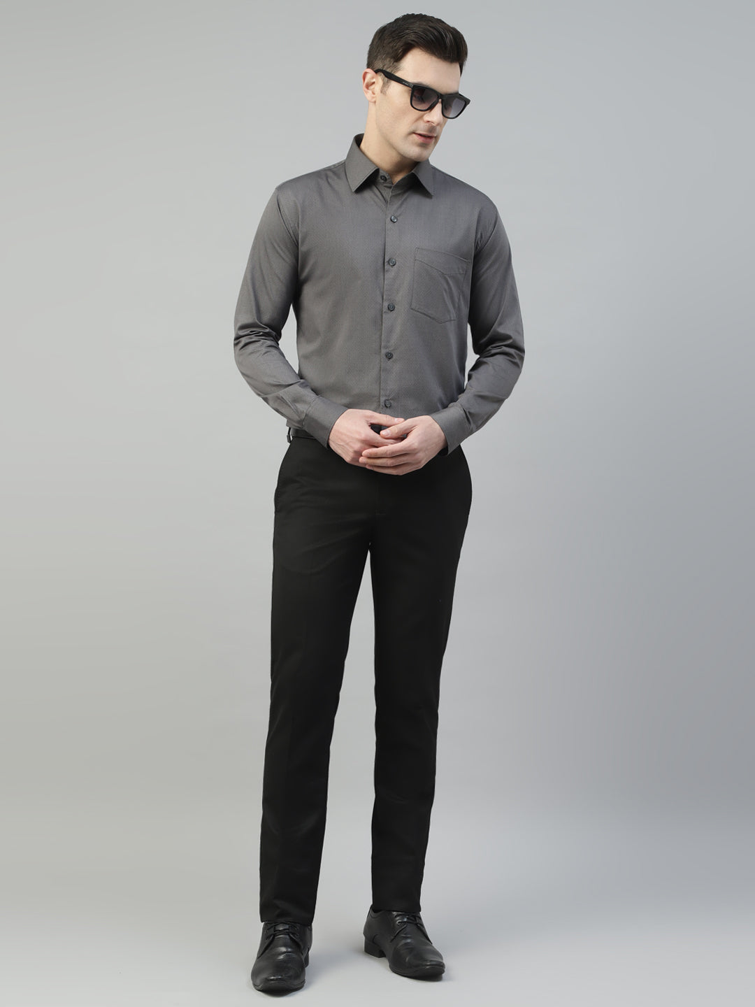 Men Grey Self Design Pure Cotton Wrinkle Resistant Slim Fit Formal Shirt