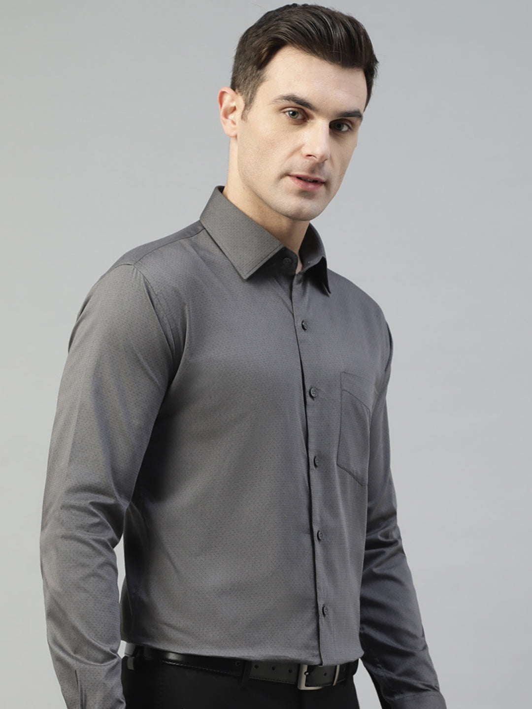 Men Grey Self Design Pure Cotton Wrinkle Resistant Slim Fit Formal Shirt