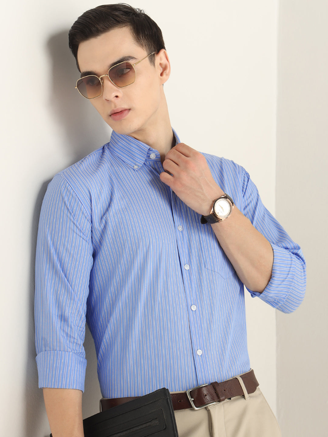 Hancock Men Blue Striped Pure Cotton Slim Fit Formal Shirt