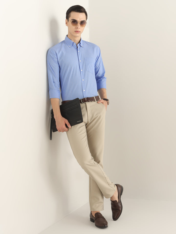 Hancock Men Blue Striped Pure Cotton Slim Fit Formal Shirt