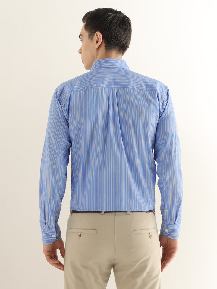 Hancock Men Blue Striped Pure Cotton Slim Fit Formal Shirt