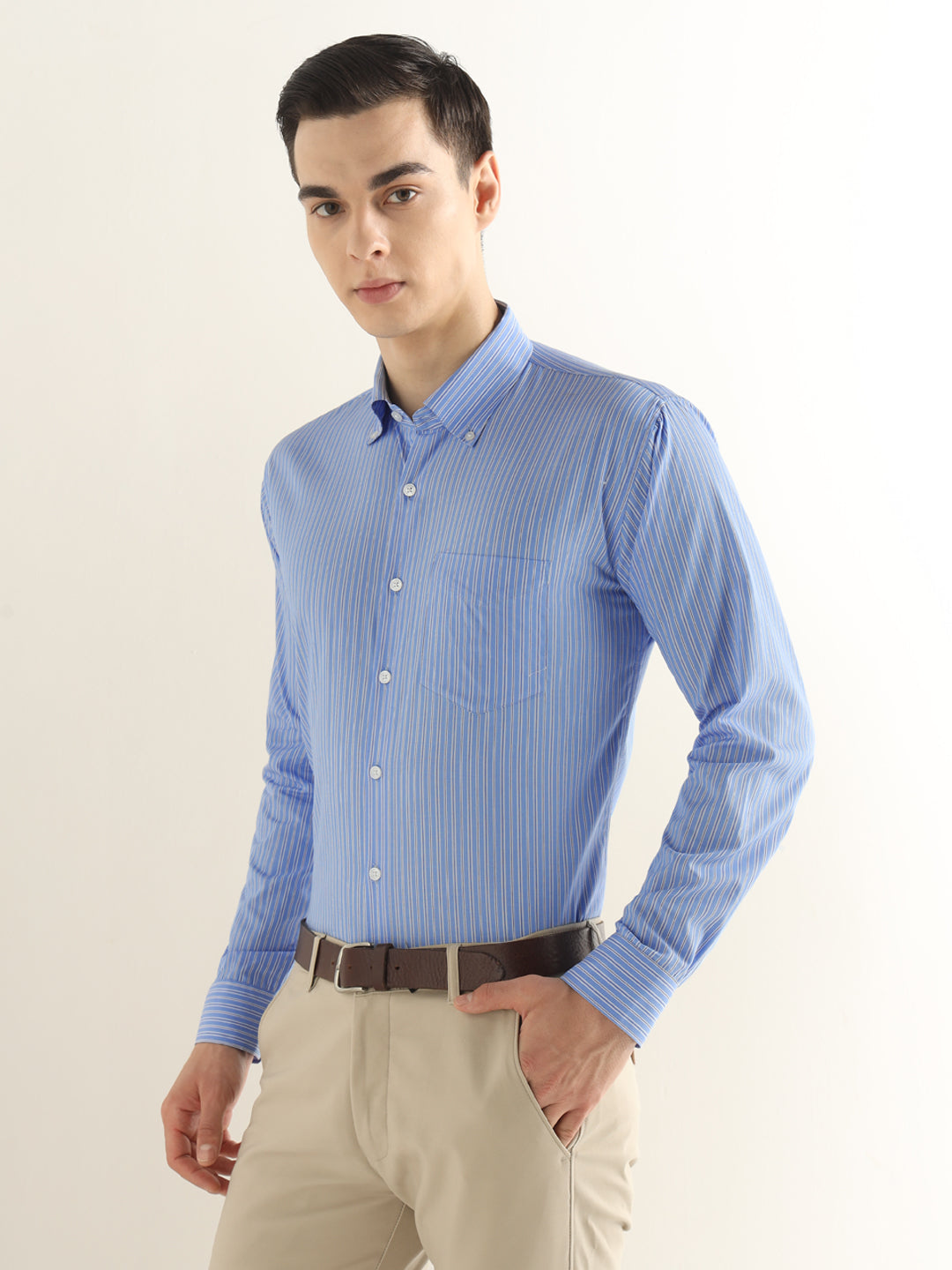 Hancock Men Blue Striped Pure Cotton Slim Fit Formal Shirt
