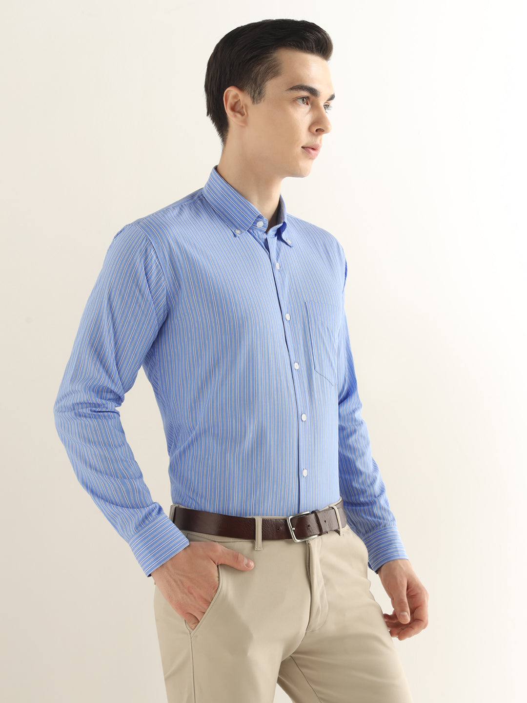 Hancock Men Blue Striped Pure Cotton Slim Fit Formal Shirt
