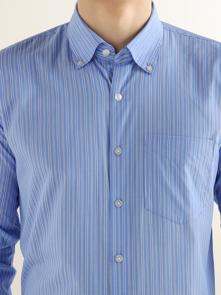 Hancock Men Blue Striped Pure Cotton Slim Fit Formal Shirt