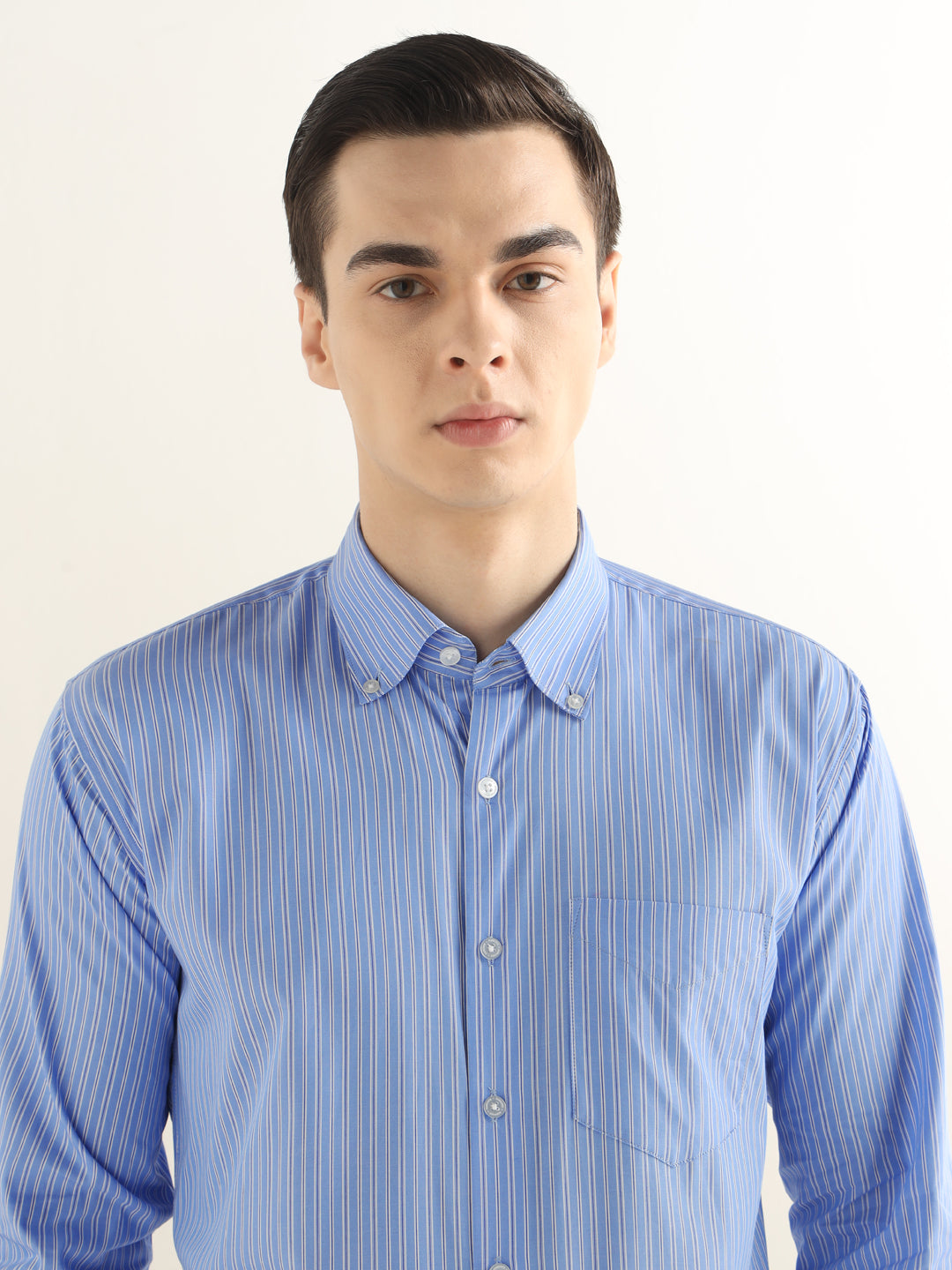 Hancock Men Blue Striped Pure Cotton Slim Fit Formal Shirt