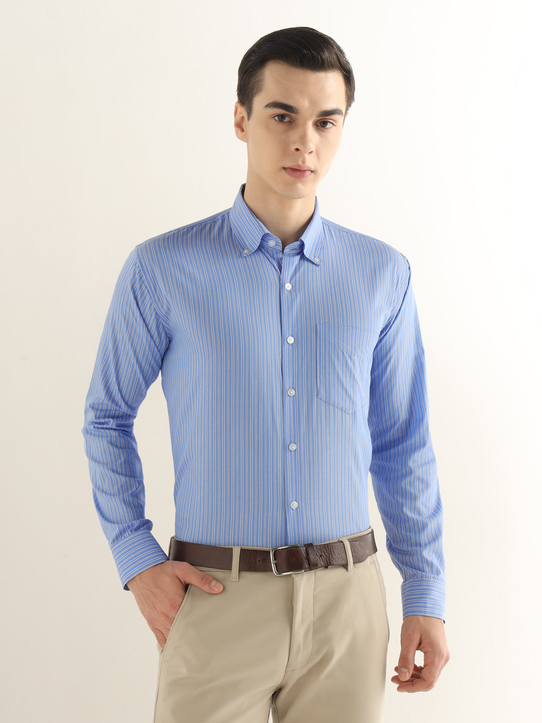 Hancock Men Blue Striped Pure Cotton Slim Fit Formal Shirt