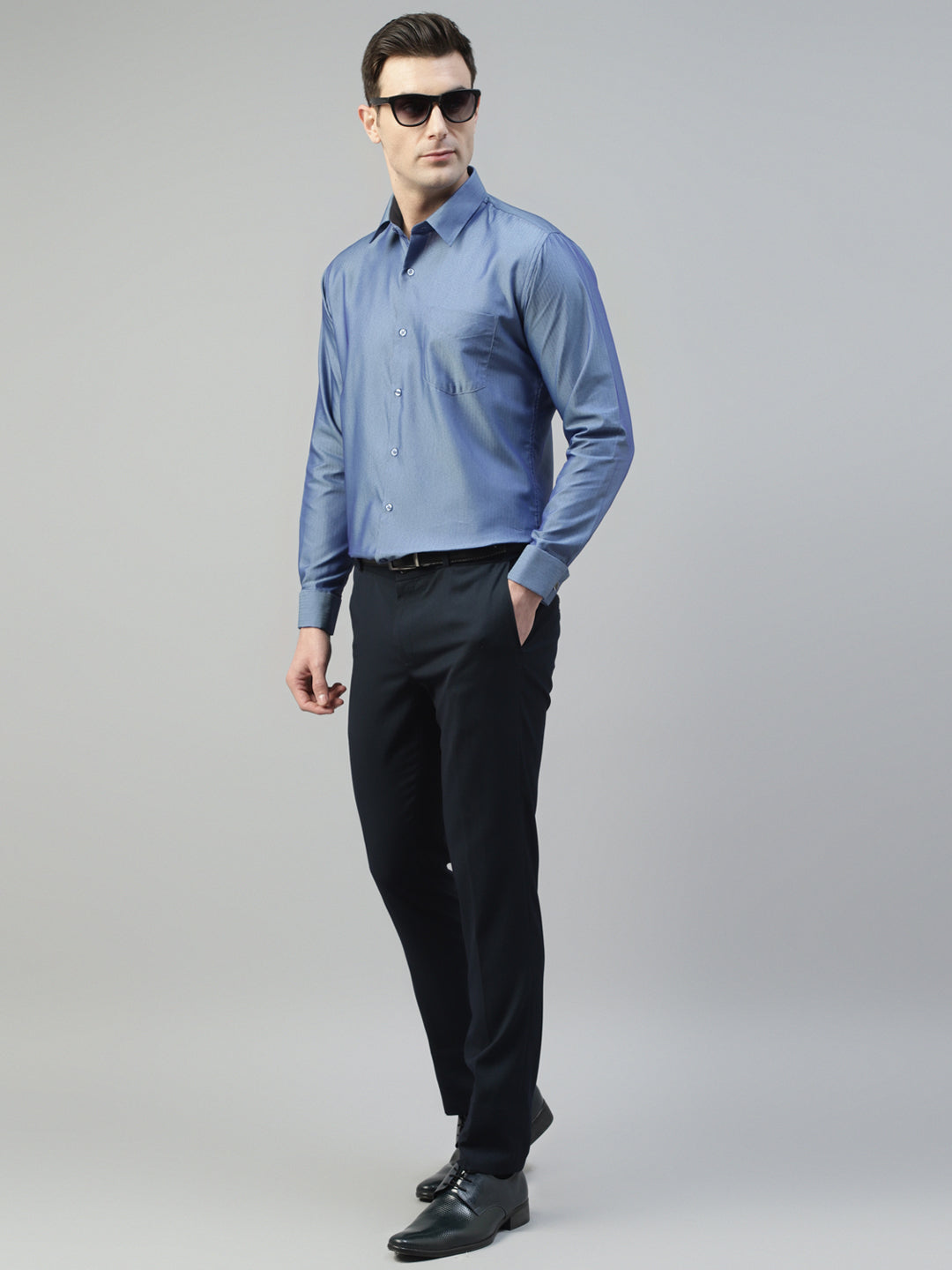 Hanock Blue Men Self Design Wrinkle Resistant Pure Cotton Slim Fit French Cuff Formal Shirt