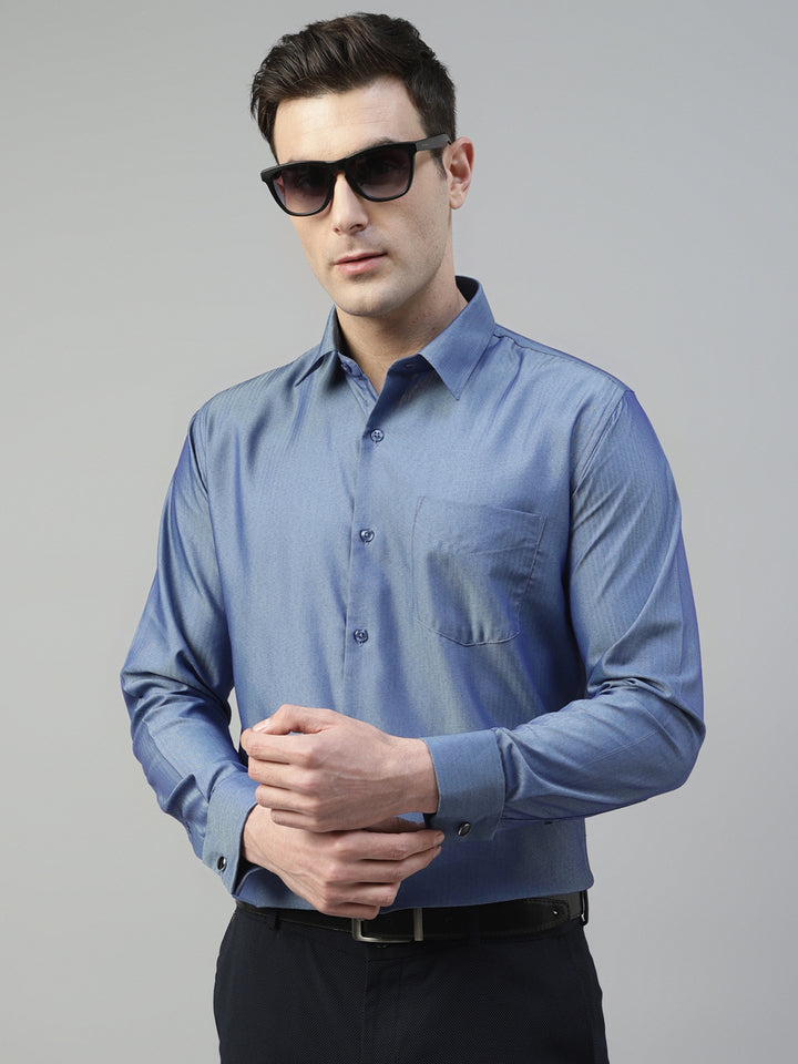 Hanock Blue Men Self Design Wrinkle Resistant Pure Cotton Slim Fit French Cuff Formal Shirt