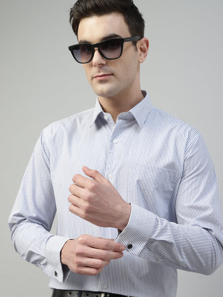 Men White & Blue Pin Striped Pure Cotton Slim Fit French Cuff Formal Shirt