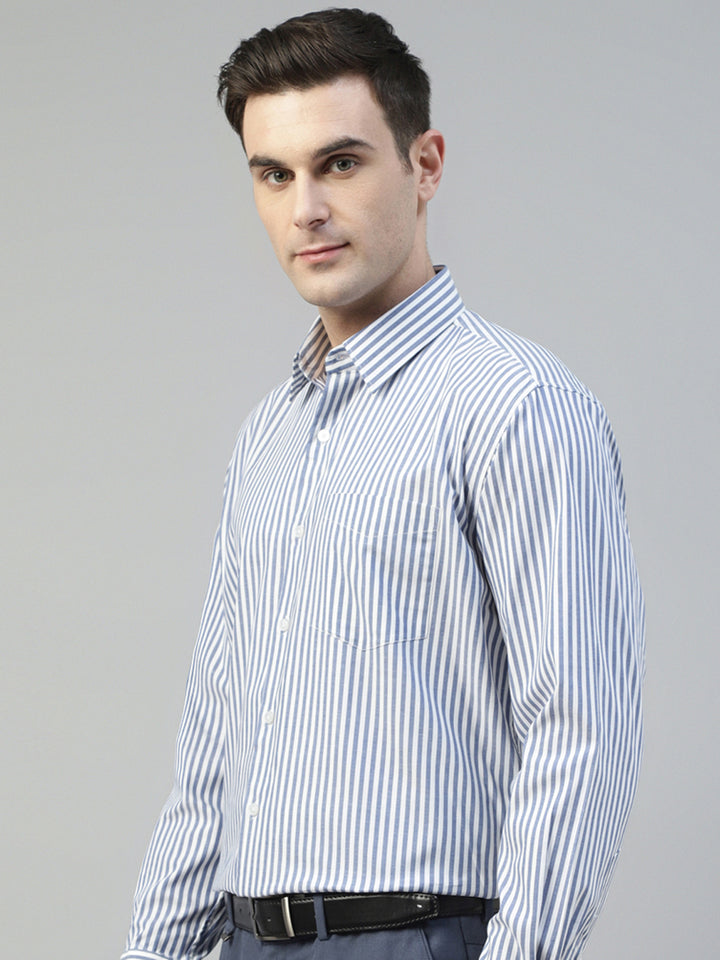 Men White & Blue Candy Striped Pure Cotton Slim Fit Formal Shirt
