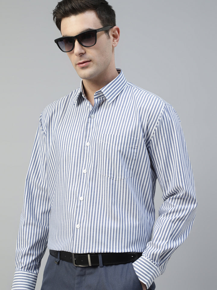 Men White & Blue Candy Striped Pure Cotton Slim Fit Formal Shirt